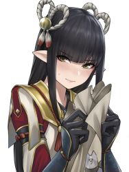 Rule 34 | 1girl, black hair, blunt bangs, blush, breasts, capcom, fewer digits, gloves, hair ornament, highres, japanese clothes, kurone rinka, large breasts, long hair, looking at viewer, minoto, monster hunter (series), monster hunter rise, pointy ears, simple background, solo, yellow eyes