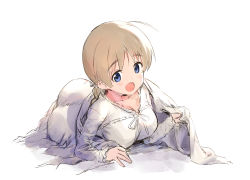 Rule 34 | 1girl, :o, ahoge, blonde hair, blue eyes, blush, braid, breasts, cleavage, collar, dot nose, frilled collar, frilled sleeves, frills, highres, large breasts, lifting covers, looking at viewer, lying, lynette bishop, mejina, nightgown, on side, open mouth, solo, strike witches, white background, world witches series