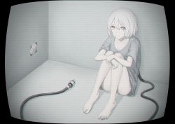 Rule 34 | 1girl, barefoot, bottomless, breasts, cleavage, closed mouth, collarbone, electric plug, electrical outlet, fetal position, highres, looking at viewer, medium breasts, original, pink eyes, power cord, short hair, sitting, solo, teraguchi, white hair