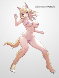 Rule 34 | 1girl, ai-assisted, animal ears, animal feet, aztodio, bikini, blonde hair, blue eyes, blunt bangs, blush, breasts, closed mouth, commentary, english commentary, full body, grey background, grey hair, hand up, large breasts, looking at viewer, monster girl, navel, original, patreon username, purple bikini, sideboob, simple background, solo, stomach, swimsuit, tail, underboob, wolf ears, wolf girl