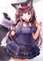Rule 34 | 1girl, animal ear fluff, animal ears, bad id, bad pixiv id, black bow, black ribbon, bow, breasts, brown hair, closed mouth, dress, fox ears, fox girl, fox tail, grey eyes, hands up, highres, long hair, mouth hold, mutou mato, original, purple dress, ribbon, ribbon in mouth, short sleeves, small breasts, solo, standing, tail, tail raised, very long hair