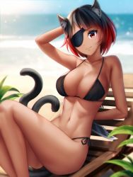 Rule 34 | 1girl, :3, animal ears, arm behind back, arm behind head, ass, beach chair, bikini, black bikini, black hair, borrowed character, breasts, cat ears, cat girl, cat tail, combat knife, dark-skinned female, dark skin, day, diagonal bangs, eyepatch, fang, fang out, gigamessy, gradient hair, head tilt, knife, large breasts, legs together, looking at viewer, multicolored hair, multiple tails, navel, original, outdoors, red eyes, red hair, short hair, side-tie bikini bottom, sitting, smile, solo, stomach, string bikini, swimsuit, tail, tan, toned, weapon