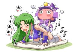 Rule 34 | 1boy, 1girl, ^^^, all fours, blush, breasts, character request, cleavage, doggystyle, full-face blush, futon, ganbare goemon, green hair, hetero, long hair, medium breasts, noumiso, open mouth, sex, sex from behind, simple background, sweat, torogao, white background, yae (ganbare goemon)