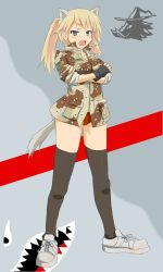 Rule 34 | 1girl, animal ears, bad id, bad pixiv id, black thighhighs, blonde hair, blue eyes, camouflage, crossed arms, dakku (ogitsune), desert camouflage, fingerless gloves, freckles, full body, gloves, jacket, military jacket, open mouth, original, panties, ponytail, red panties, sleeves rolled up, solo, standing, strike witches, strike witches 1991, tail, thighhighs, underwear, uniform, world witches series