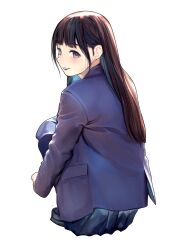 Rule 34 | 1girl, absurdres, black hair, blue eyes, blue jacket, blue skirt, emutsuichi, full body, highres, jacket, long hair, looking to the side, original, parted lips, pleated skirt, school uniform, simple background, sitting, skirt, solo, squatting, white background