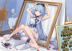 Rule 34 | 1girl, ahoge, armpit crease, arms up, beret, blue hair, dress, full body, griseo, griseo (starry impression), hair ornament, hat, honkai (series), honkai impact 3rd, long hair, looking at viewer, open mouth, petals, portrait (object), purple eyes, single sleeve, sitting, soles, solo, statue, toes, twintails, white dress, white sleeves, yiduan zhu