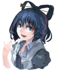 Rule 34 | 1girl, blue eyes, blue hair, hair ornament, hair rings, hair stick, ichiba youichi, kaku seiga, matching hair/eyes, open clothes, open mouth, open vest, simple background, smile, solo, touhou, upper body, vest