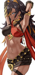 Rule 34 | 1girl, armlet, armpits, arms up, bare shoulders, belt, black belt, black hair, black shorts, blonde hair, blue eyes, breasts, cowboy shot, criss-cross halter, dehya (genshin impact), earrings, genshin impact, hair intakes, hair over one eye, halterneck, highres, jewelry, large breasts, long hair, midriff, navel, neck ring, short shorts, shorts, simple background, solo, standing, stomach, thighs, uenoryoma, very long hair, white background