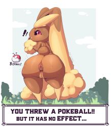 Rule 34 | !, !!, ..., 1girl, :3, anus, ass, ass focus, bush, butt crack, cleft of venus, creatures (company), curvy, english text, fake screenshot, forest, from below, furry, furry female, game freak, gen 4 pokemon, grass, highres, huge ass, looking at another, looking at viewer, looking back, lopunny, nature, nintendo, nude, outdoors, plump, poke ball, pokemon, pussy, shiny skin, sky, sora skies, wide hips