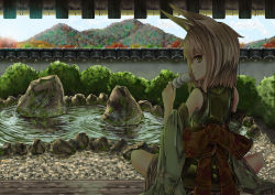 Rule 34 | 1girl, animal ears, bad id, bad pixiv id, blonde hair, bow, dango, day, detached sleeves, eating, food, fox ears, holding, holding food, inabi, japanese clothes, kimono, looking at viewer, looking back, mountain, original, short hair, sitting, sky, solo, stone, wagashi, water, wide sleeves, wooden floor, yellow eyes