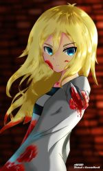 Rule 34 | 10s, blood, blood on clothes, blood on face, blood on hands, from side, highres, rachel gardner, satsuriku no tenshi, self-upload, solo, tagme, wavy hair