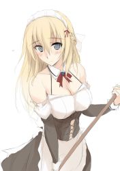 Rule 34 | 10s, 1girl, alternate costume, bare shoulders, blonde hair, blue eyes, blush, braid, breasts, broom, cleavage, detached collar, detached sleeves, enmaided, french braid, kantai collection, long hair, looking at viewer, maid, maid headdress, solo, warspite (kancolle), zekkyon