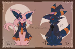 Rule 34 | black bow, black cape, black dress, black eyes, black headwear, black neckwear, black vs white, black wings, blush, border, bow, bowtie, brooch, brown background, brown border, cape, clothed pokemon, colored sclera, commentary, creatures (company), crescent moon, dress, ears through headwear, english commentary, espeon, forehead jewel, frilled dress, frills, full body, game freak, gen 2 pokemon, gradient background, hair bow, hat, hat belt, iogi (iogi k), jewelry, jpeg artifacts, light blush, looking at another, looking at viewer, looking to the side, moon, nintendo, orange neckwear, pokemon, pokemon (creature), purple eyes, red sclera, short sleeves, single wing, sitting, sun, umbreon, white wings, wings, witch hat