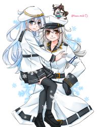 Rule 34 | 10s, 3girls, belt, black gloves, black legwear, blue eyes, brown eyes, carrying, fairy (kancolle), flat cap, gangut (kancolle), gloves, hammer and sickle, hat, hibiki (kancolle), hinaco, kantai collection, loafers, long hair, looking at viewer, mini person, minigirl, miniskirt, multiple girls, on head, peaked cap, person on head, pleated skirt, scar, school uniform, serafuku, shoes, silver hair, skirt, smile, standing, thighhighs, twitter username, verniy (kancolle), white hat