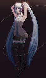 Rule 34 | 1girl, absurdres, armpits, arms up, bare arms, bare shoulders, black background, black skirt, blue hair, blue necktie, expressionless, full body, hair between eyes, hatsune miku, headset, highres, long hair, looking away, necktie, p2 (uxjzz), shirt, simple background, skirt, sleeveless, sleeveless shirt, solo, standing, string, thighhighs, twintails, very long hair, vocaloid