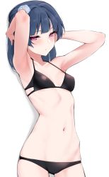 Rule 34 | 1girl, armpits, arms up, bikini, black bikini, blue hair, blunt bangs, blush, breasts, closed mouth, collarbone, cowboy shot, expressionless, hands in hair, highres, long hair, looking at viewer, love live!, love live! sunshine!!, nasuno (nasuno42), navel, ponytail, purple eyes, simple background, small breasts, solo, stomach, swimsuit, tsushima yoshiko, white background