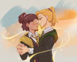 Rule 34 | 2girls, amphibia, anne boonchuy, blonde hair, blush, brown hair, closed mouth, commentary request, covered eyes, dark-skinned female, dark skin, earrings, hand over another&#039;s eyes, harry potter (series), hogwarts school uniform, holding, holding hands, interlocked fingers, jewelry, looking at another, mengshuo2019, mole, mole under eye, multiple girls, parted lips, sasha waybright, school uniform, short hair, stud earrings, wizarding world, yuri