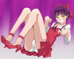 Rule 34 | 1girl, blouse, breasts, gegege no kitarou, graphite (medium), high heels, looking at viewer, millipen (medium), nekomusume, nekomusume (gegege no kitarou 6), onnaski, pointy ears, red heels, shirt, short hair, simple background, smile, solo, thighs, traditional media, white shirt