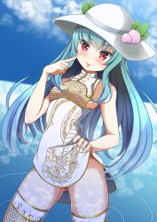 Rule 34 | 1girl, akanbe, akizuki (akizuki71), alternate costume, blue hair, blush, breasts, caustics, china dress, chinese clothes, clothes pull, cloud, dragon print, dress, eyelid pull, fishnet thighhighs, fishnets, food, fruit, gold trim, hair between eyes, hand on own hip, hat, highres, hinanawi tenshi, leaf, long hair, looking at viewer, nipples, peach, peeing, pointing, pointing at self, print dress, red eyes, reflection, reflective water, sky, sleeveless, small breasts, smile, standing, thighhighs, tongue, tongue out, touhou, very long hair, white dress, white hat, white thighhighs