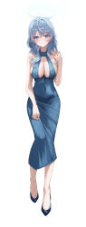 Rule 34 | 1girl, absurdres, ako (blue archive), ako (dress) (blue archive), blue archive, blue dress, blue eyes, blue footwear, blue hair, blue halo, breasts, cleavage, closed mouth, covered navel, dress, full body, halo, high heels, highres, hikimori 1, large breasts, long hair, looking at viewer, simple background, solo, standing, white background