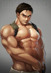 Rule 34 | 1boy, 8 (yamalu), abs, bara, chris redfield, closed mouth, commentary request, copyright name, facial hair, frown, groin, gun, highres, holding, holding gun, holding weapon, holster, large pectorals, looking at viewer, male focus, mature male, muscular, muscular male, navel, nipples, pectoral squeeze, pectorals, resident evil, resident evil 5, short hair, shoulder holster, smile, solo, stomach, stubble, thick eyebrows, topless male, veins, veiny arms, weapon