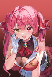 Rule 34 | 1girl, :d, absurdres, ascot, bare arms, bent over, blush, breasts, cleavage, fang, gloves, greenapple, hair between eyes, hair ribbon, heterochromia, highres, hololive, houshou marine, jacket, large breasts, long hair, open mouth, red ascot, red background, red eyes, red hair, red jacket, red ribbon, red skirt, ribbon, see-through, see-through cleavage, simple background, skin fang, skirt, sleeveless, sleeveless jacket, smile, solo, twintails, virtual youtuber, white gloves, yellow eyes