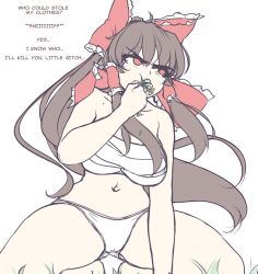 Rule 34 | 1girl, arm support, bare arms, bare legs, bare shoulders, barefoot, bow, breasts, brown hair, cameltoe, chest sarashi, clenched teeth, collarbone, commentary, english commentary, english text, engrish text, flat color, flower, frilled bow, frills, grass, hair between eyes, hair bow, hair tubes, hakurei reimu, hand up, hater (hatater), highres, holding, holding flower, large breasts, long hair, navel, panties, profanity, ranguage, red bow, red eyes, sarashi, seiza, sharp teeth, sidelocks, simple background, sitting, sketch, smelling, solo, stomach, strapless, teeth, thighs, touhou, tube top, underwear, v-shaped eyebrows, white background, white panties, yellow flower