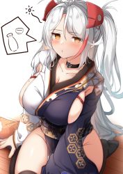 Rule 34 | 1girl, absurdres, azur lane, black choker, black kimono, black thighhighs, blush, breasts, brown eyes, choker, closed mouth, collarbone, commentary request, groin, headgear, highres, japanese clothes, kimono, large breasts, long hair, moyoron, multicolored hair, no shoes, obi, official alternate costume, on floor, prinz eugen (azur lane), prinz eugen (profusion of flowers) (azur lane), red hair, sash, seiza, sideboob, sitting, solo, speech bubble, streaked hair, thighhighs, two side up, very long hair, white background, white hair, wooden floor