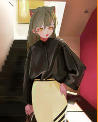 Rule 34 | 1girl, absurdres, animal ears, black shirt, fang, grey hair, hand on own hip, highres, indoors, long hair, long sleeves, looking at viewer, open mouth, original, polilla, shirt, skirt, solo, stairs, wide sleeves, yellow eyes, yellow skirt