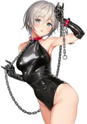 Rule 34 | 1girl, :o, ameyame, arm up, armpits, bare hips, bare shoulders, bdsm, black gloves, black leotard, blue eyes, blush, breasts, chain, collar, collarbone, copyright request, covered navel, cowboy shot, elbow gloves, gloves, heart, highres, holding, latex, latex gloves, latex leotard, leash, leotard, looking at viewer, medium breasts, parted lips, silver hair, simple background, skin tight, slave, solo, thighs, white background