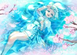 Rule 34 | 1girl, :d, absurdres, blue dress, blue eyes, blue hair, choker, collarbone, cure ange, dress, earrings, flower, from behind, highres, hugtto! precure, jewelry, long hair, lying, makeup, mascara, on back, open mouth, pink flower, pleated dress, precure, shipu (gassyumaron), smile, solo, very long hair, water surface, white choker, wrist cuffs, yakushiji saaya