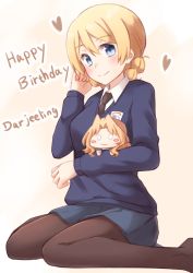 Rule 34 | 10s, 1girl, bad id, bad pixiv id, black necktie, black pantyhose, blonde hair, blue eyes, blue skirt, blue sweater, character doll, closed mouth, commentary request, darjeeling (girls und panzer), dress shirt, eyebrows, girls und panzer, hair flip, happy birthday, heart, highres, kapatarou, kay (girls und panzer), light smile, long hair, long sleeves, looking at viewer, miniskirt, necktie, pantyhose, pleated skirt, school uniform, shirt, sitting, skirt, sweater, v-neck, wariza, white shirt