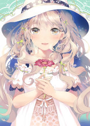 Rule 34 | 1girl, blush, bow, braid, breasts, collarbone, dress, floral print, flower, gradient background, green bow, green ribbon, hair bow, hat, hat ribbon, holding, holding flower, lace, lace-trimmed dress, lace background, lace trim, long hair, looking at viewer, off shoulder, original, own hands together, pink flower, ribbon, ribbon trim, sakuragi kei, short sleeves, silver hair, small breasts, smile, solo, upper body, wavy hair, white dress, white hat, white ribbon