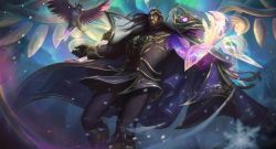 Rule 34 | 1boy, absurdres, animal, beard, beatrice (league of legends), bird, black gloves, black hair, black jacket, black pants, cape, facial hair, feet out of frame, gloves, glowing, glowing arm, highres, jacket, league of legends, long hair, long sleeves, male focus, official alternate costume, official art, pants, parted bangs, purple cape, single glove, snow, snowing, solo, swain (league of legends), tree, winterblessed swain