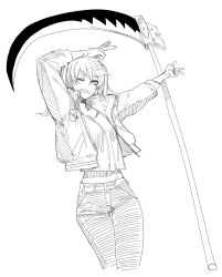 Rule 34 | 1girl, belt, d:, denim, greyscale, hands up, highres, jacket, jeans, looking at viewer, maka albarn, midriff, monochrome, navel, one eye closed, open clothes, open jacket, open mouth, pants, ratatatat74, scythe, shirt, simple background, sketch, solo, soul eater, soul evans, thigh gap, twintails, v, w, white background