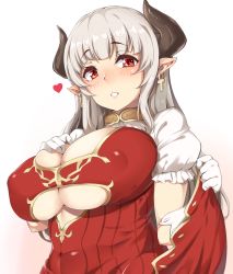 Rule 34 | 10s, 1girl, alicia (granblue fantasy), blunt bangs, blush, breasts, covered erect nipples, cross, cross earrings, draph, dress, earrings, gloves, granblue fantasy, grey hair, heart, highres, horns, jewelry, large breasts, long hair, looking at viewer, mature female, moisture (chichi), pointy ears, puffy short sleeves, puffy sleeves, red dress, red eyes, short sleeves, sidelocks, simple background, solo, underboob, upper body, white background, white gloves