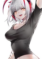 Rule 34 | 1girl, :d, antennae, arknights, arm up, bad id, bad twitter id, black shirt, breasts, commentary request, crop top, highres, horns, large breasts, looking at viewer, material growth, midriff, navel, official alternate costume, open mouth, oripathy lesion (arknights), shirt, short hair, short sleeves, silver hair, simple background, smile, solo, tarutaru yamaoka, upper body, w (arknights), w (fugue) (arknights), white background, yellow eyes