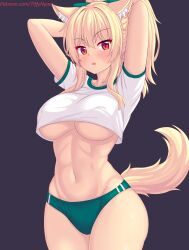 Rule 34 | 1girl, animal ear fluff, animal ears, arms up, blonde hair, blush, breasts, buruma, cat ears, cat girl, cat tail, commentary, cowboy shot, english commentary, green buruma, gym uniform, hair ornament, highres, large breasts, long hair, navel, nottytiffy, original, parted lips, patreon username, ponytail, red eyes, shirt, simple background, solo, stomach, tail, tiffy (nottytiffy), underboob, white shirt