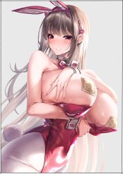 Rule 34 | 1girl, absurdres, animal ears, bare shoulders, blonde hair, blush, bow, bowtie, breast hold, breasts, breasts out, covered erect nipples, detached collar, fake animal ears, fake tail, goddess of victory: nikke, grin, high heels, highres, horns, huge breasts, kei (soundcross), leotard, long hair, looking at viewer, pantyhose, pasties, pink eyes, pink horns, pink leotard, playboy bunny, rabbit ears, rabbit tail, smile, solo, tail, viper (nikke), viper (toxic rabbit) (nikke), white pantyhose, wrist cuffs