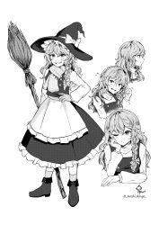 Rule 34 | 1girl, absurdres, apron, boots, bow, braid, broom, dress, gloves, greyscale, hair bow, hat, hat bow, highres, hoshiringo0902, kirisame marisa, long hair, long sleeves, monochrome, multiple persona, puffy sleeves, scarf, side braid, simple background, single braid, smile, socks, solo, touhou, turtleneck, waist apron, white background, white bow, witch hat