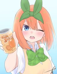 Rule 34 | 1girl, ;d, blue background, blue eyes, blush, bow, breasts, can, collared shirt, commentary request, eyebrows hidden by hair, go-toubun no hanayome, gradient background, green bow, green ribbon, hair between eyes, hair ribbon, highres, holding, holding can, kujou karasuma, looking at viewer, medium breasts, nakano yotsuba, one eye closed, open mouth, orange hair, ribbon, shirt, short sleeves, signature, smile, solo, sweater vest, upper body, white shirt