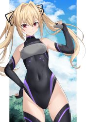Rule 34 | 1girl, bare shoulders, black gloves, black leotard, black ribbon, black thighhighs, blonde hair, blue sky, breasts, closed mouth, cloud, commentary request, covered navel, cowboy shot, cross (crossryou), day, dolphin wave, elbow gloves, fingerless gloves, gloves, gluteal fold, groin, hair between eyes, hair intakes, hair ribbon, hand on own hip, highres, kazami ellen, leotard, long hair, looking at viewer, red eyes, ribbon, sidelocks, skindentation, sky, small breasts, smile, solo, standing, thighhighs, twintails