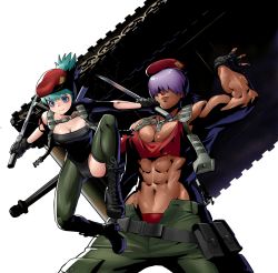 Rule 34 | 2girls, abs, beret, blue eyes, blue hair, boots, breasts, cleavage, cline (metal slug), female focus, fingerless gloves, gloves, growth (metal slug), hair over eyes, hat, knife, large breasts, metal slug, metal slug attack, military, military vehicle, motor vehicle, multiple girls, muscular, muscular female, navel, official art, ponytail, purple hair, scar, simple background, snk, tank, weapon, white background