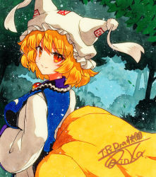 Rule 34 | 1girl, animal hat, bad id, bad pixiv id, blonde hair, blue tabard, breasts, brooch, dress, fox tail, from behind, green background, hat, jewelry, long sleeves, looking at viewer, looking back, medium breasts, mob cap, multiple tails, outdoors, parted lips, qqqrinkappp, red brooch, shikishi, short hair, signature, smile, solo, tabard, tail, tassel, touhou, traditional media, white dress, white hat, wide sleeves, yakumo ran