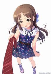 Rule 34 | 1girl, absurdres, artist name, bare arms, belt, black ribbon, blue bow, blue dress, blue socks, blush, bow, brown belt, brown eyes, brown hair, commentary request, dress, dress tug, floral print, frilled dress, frills, full body, hair bow, hand up, highres, hmax, idolmaster, idolmaster cinderella girls, idolmaster cinderella girls starlight stage, idolmaster cinderella girls u149, legs apart, long hair, looking at viewer, neck ribbon, necktie, necktie grab, neckwear grab, open mouth, parted bangs, pov, print dress, purple footwear, red necktie, ribbon, shoes, short dress, sidelocks, sleeveless, sleeveless dress, socks, solo, standing, tachibana arisu