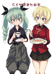 Rule 34 | &gt;:(, 10s, 2girls, anchovy (girls und panzer), anzio military uniform, black necktie, black ribbon, black skirt, black tea, blonde hair, blue eyes, braid, closed mouth, clothes around waist, commentary request, cowboy shot, cup, darjeeling (girls und panzer), dress shirt, drill hair, eating, epaulettes, facing viewer, food, fork, frown, girls und panzer, green hair, grey jacket, grey pants, hair ribbon, highres, holding, holding food, jacket, jacket around waist, unworn jacket, jodhpurs, light frown, long hair, long sleeves, looking down, loose necktie, military, military uniform, miniskirt, miyao ryuu, mouth hold, multiple girls, necktie, pants, pasta, plate, pleated skirt, red eyes, red jacket, ribbon, saucer, shirt, short hair, simple background, skirt, sleeves rolled up, spaghetti, st. gloriana&#039;s military uniform, standing, sweatdrop, tea, teacup, translation request, twin braids, twin drills, twintails, uniform, v-shaped eyebrows, white background