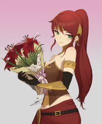 Rule 34 | 1girl, black gloves, bouquet, breasts, circlet, cleavage, closed mouth, elbow gloves, floating hair, flower, gloves, gradient background, green eyes, highres, holding, holding bouquet, long hair, medium breasts, pink background, pyrrha nikos, red flower, red hair, rwby, signature, smile, solo, sparkle, standing, strapless, uyalago