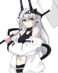 Rule 34 | 1girl, absurdres, arknights, bare shoulders, breasts, closed mouth, collar, cowboy shot, earrings, grey hair, hair ornament, hammer, highres, holding, holding hammer, holding weapon, infection monitor (arknights), jewelry, long hair, long sleeves, looking at viewer, material growth, medium breasts, mudrock (arknights), mudrock (elite ii) (arknights), navel, off shoulder, open clothes, oripathy lesion (arknights), pointy ears, red eyes, simple background, solo, sports bra, touko (toko12 tooko), very long hair, weapon, white background