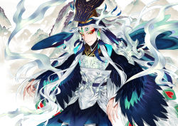 Rule 34 | 1boy, androgynous, aqua hair, blue hair, chinese clothes, chinese hat, cowboy shot, eyeshadow, face, fate/grand order, fate (series), forehead jewel, hat, highres, long hair, looking at viewer, makeup, male focus, multicolored hair, orange eyes, peacock feathers, red eyeshadow, shi huang di (fate), shi huang di (third ascension) (fate), sindri, smile, solo, streaked hair, very long hair, white hair