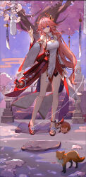 Rule 34 | 1girl, absurdres, breasts, cherry blossoms, detached sleeves, fox, genshin impact, hair between eyes, highres, japanese clothes, jewelry, jueduizhi, large breasts, long hair, long sleeves, looking at viewer, outdoors, pink hair, purple eyes, smile, solo, thighs, tree, wide sleeves, yae miko